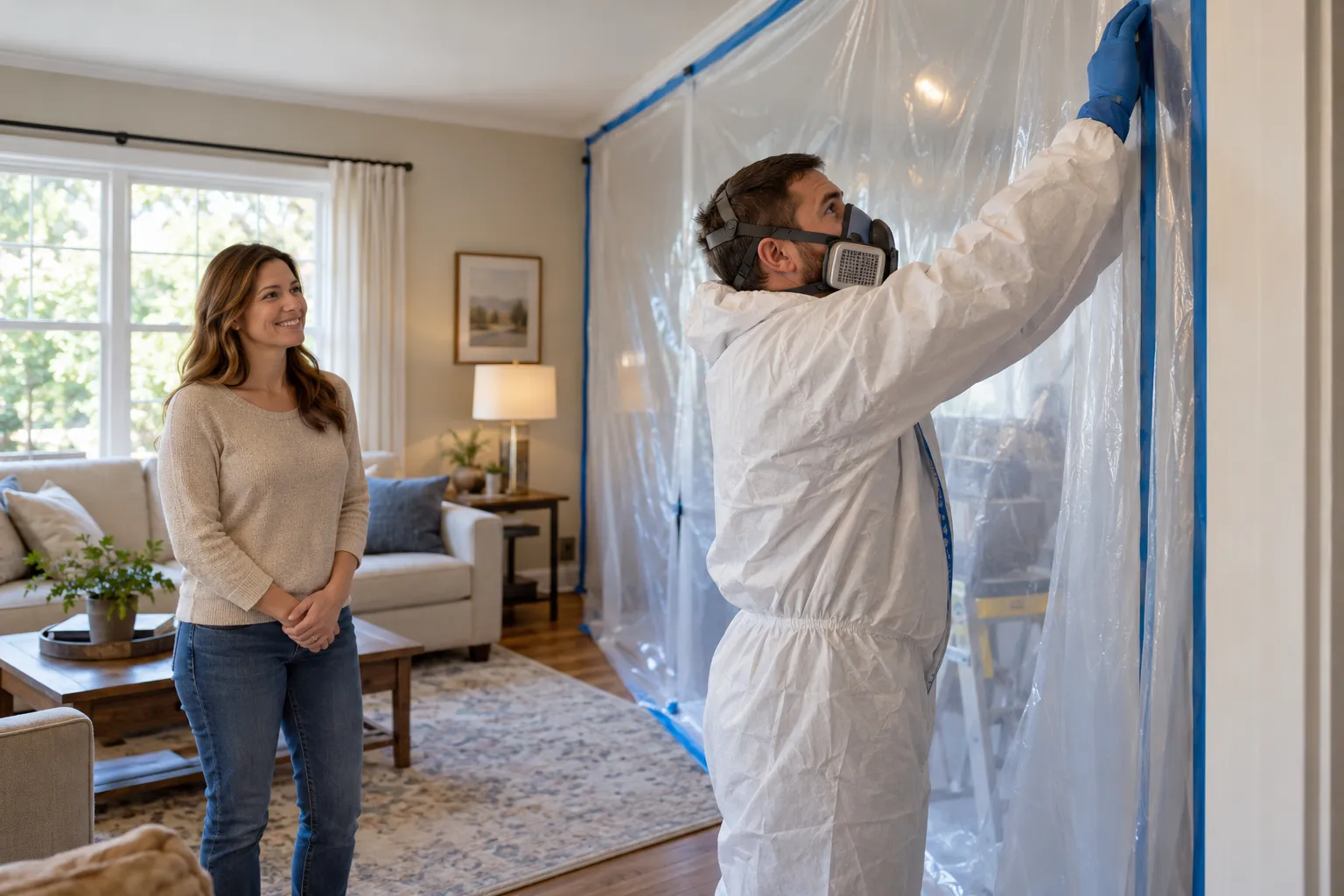 Local provider setting up containment barriers in a home in Dallas for mold remediation
